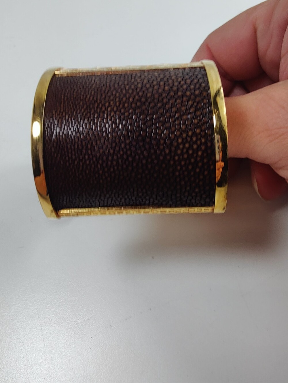 Rebecca Italy Wide Gold Tone Brown Textured Cuff Bracelet Designer Statement - Picture 6 of 14